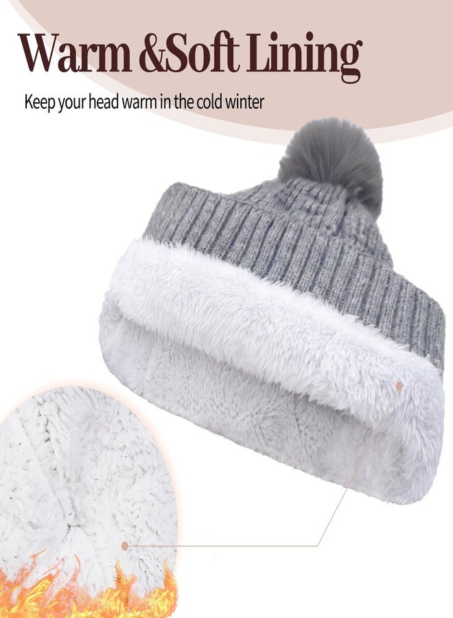 HOPSOOKEN Winter Beanie Hats for Women with Faux Fur Pom Warm Cozy Knit Fleece Thermal Snow Ski Skull Cap for Cold Weather(Grey) - Image 2
